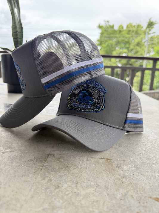 Trucker Cap grey w/ Blue Bass logo