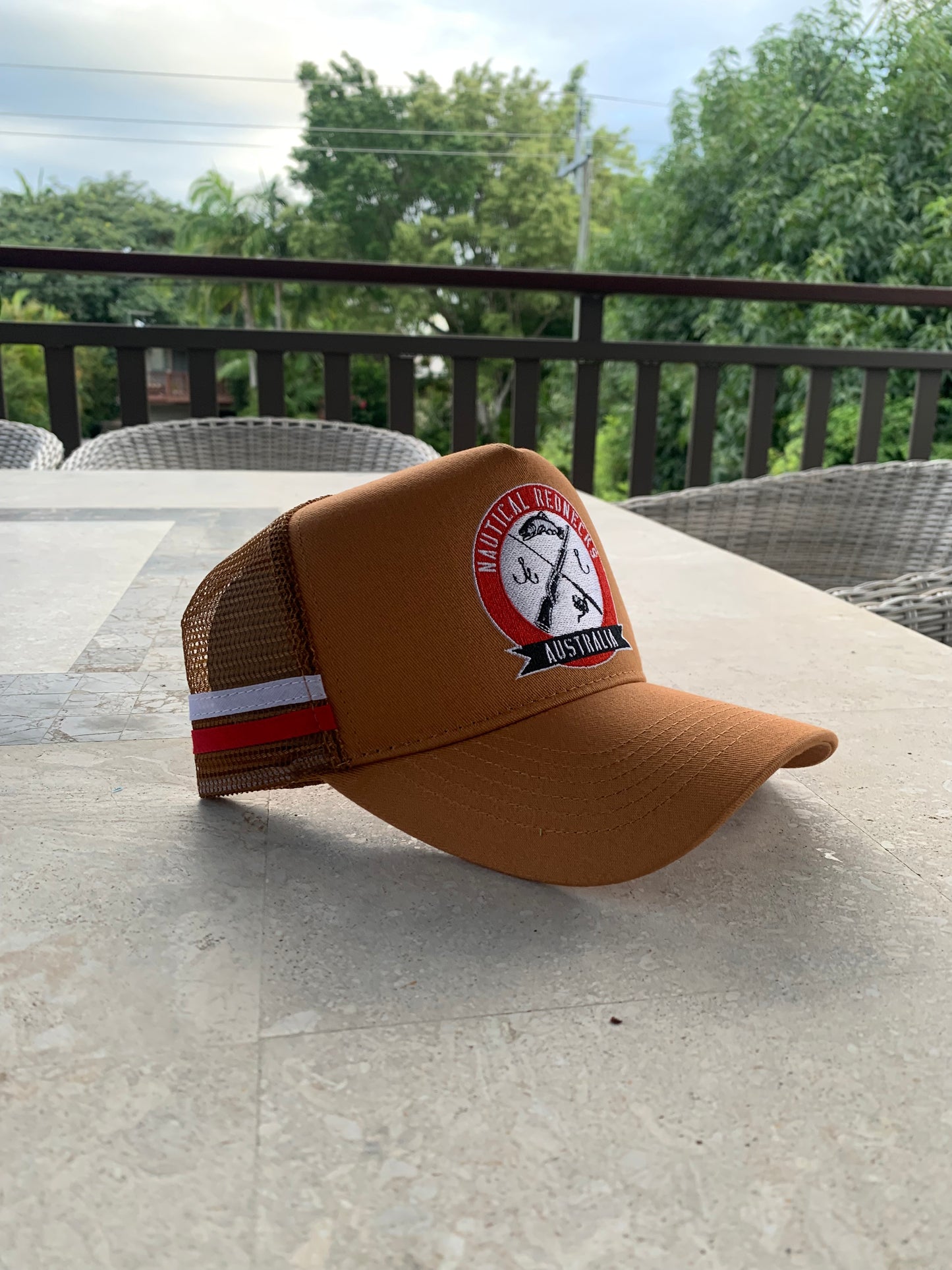Trucker Cap Tan w/ Red Logo